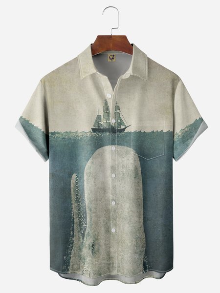

White Whale Chest Pocket Short Sleeve Hawaiian Shirt, Grey-blue, Men Shirts