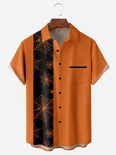 

Spider Web Chest Pocket Short Sleeve Bowling Shirts, Orange, Men Shirts