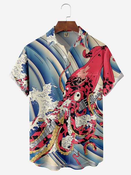 

Ukiyo-e Octopus Chest Pocket Short Sleeve Hawaiian Shirt, Blue, Men Shirts