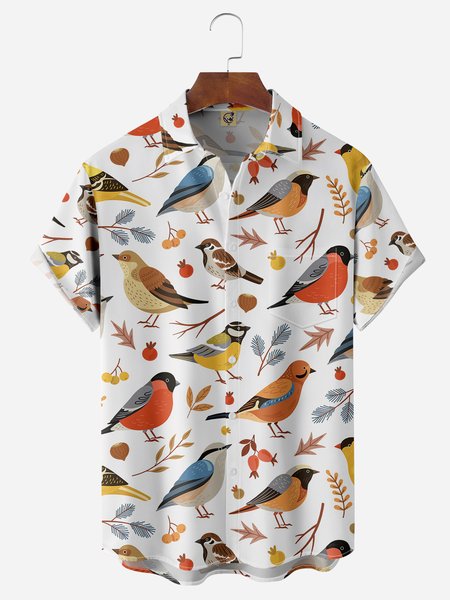 

Animal Bird Chest Pocket Short Sleeve Casual Shirt, White, Men Shirts