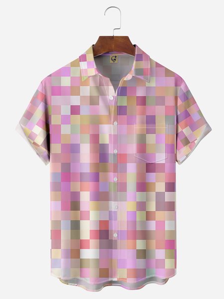 

Checkerboard Check Chest Pocket Short Sleeves Shirt, Pink, Men Shirts