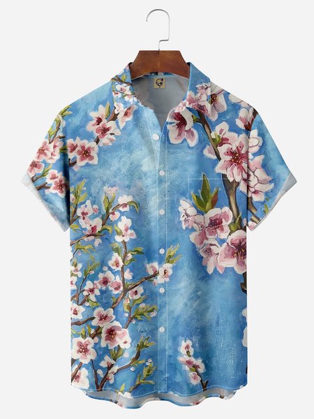

Sakura Chest Pocket Short Sleeves Hawaiian Shirt, Blue, Men Shirts