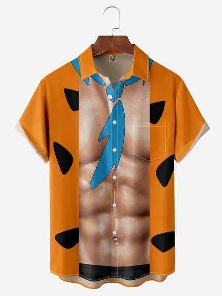 

Muscle Cartoon Character Chest Pocket Short Sleeve Shirt, Orange, Men Shirts