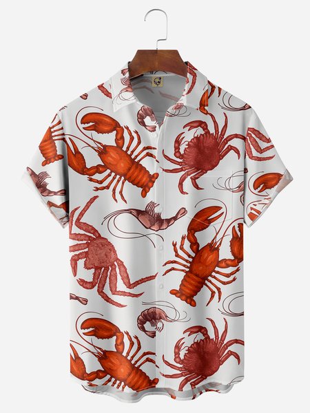 

Crab Lobster Chest Pocket Short Sleeve Hawaiian Shirt, White, Men Shirts