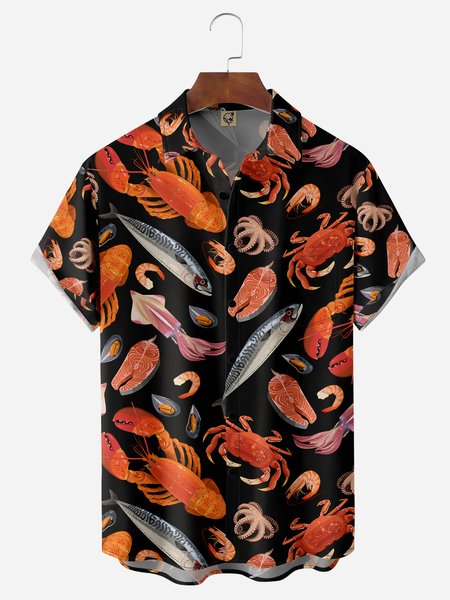 

Sea Life Chest Pockets Short Sleeve Hawaiian Shirts, Black, Men Shirts