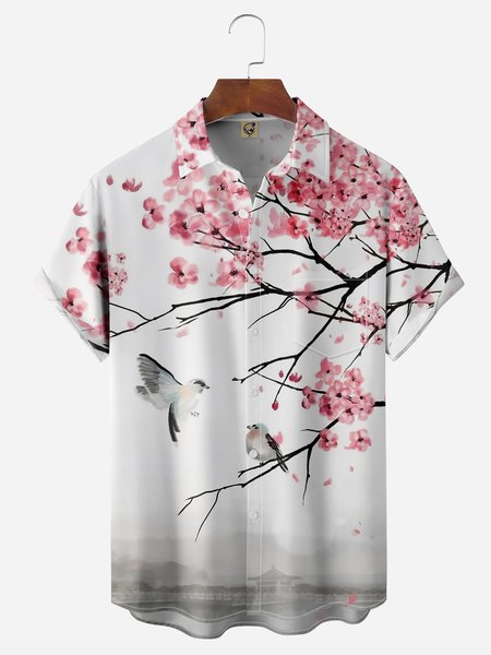 

Cherry Blossoms Chest Pocket Short Sleeve Shirt, White, Men Shirts