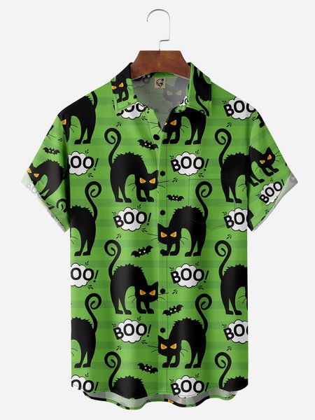 

Halloween Cat Chest Pocket Short Sleeve Casual Shirts, Green, Men Shirts