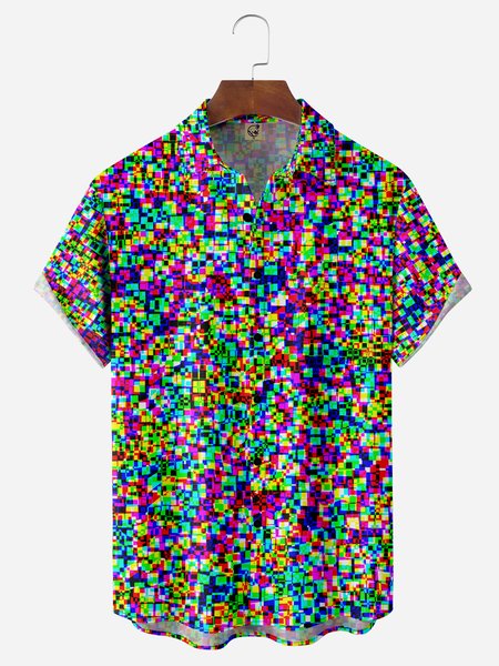 

Mosaic Noise Chest Pocket Short Sleeve Shirt, Purple, Men Shirts