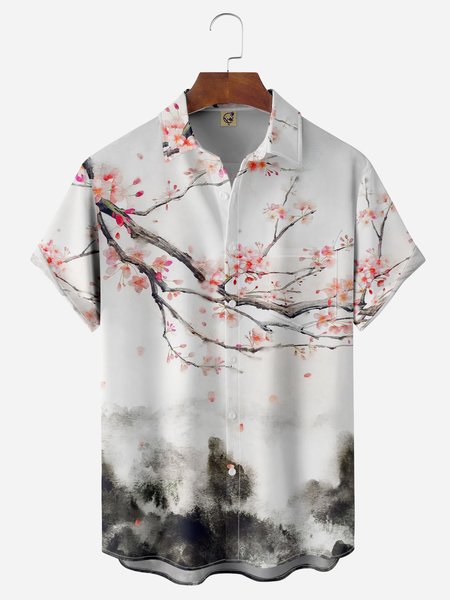 

Cherry Blossoms Chest Pocket Short Sleeve Shirt, White, Men Shirts