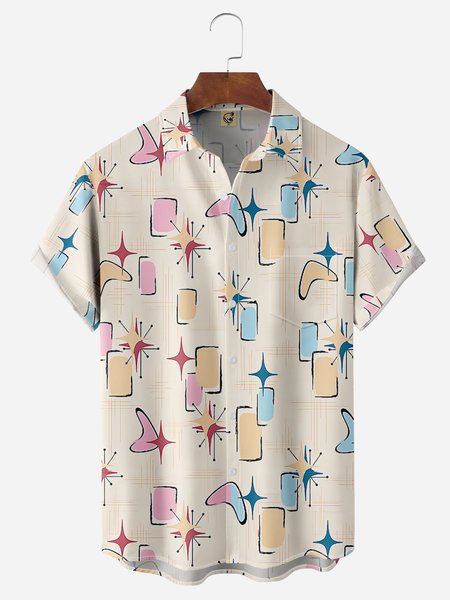 

Mid Century Pattern Chest Pocket Short Sleeve Casual Shirt, Light khaki, Men Shirts