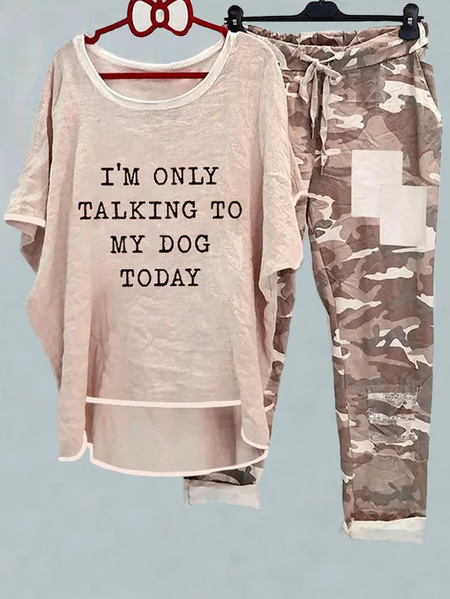 

Casual Loose Text Letters Crew Neck Two-Piece Set, Apricot, Suit Set