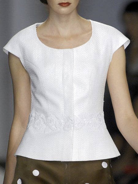 

Plain Crew Neck Elegant Regular Fit Blouse, White, Blouses and Shirts