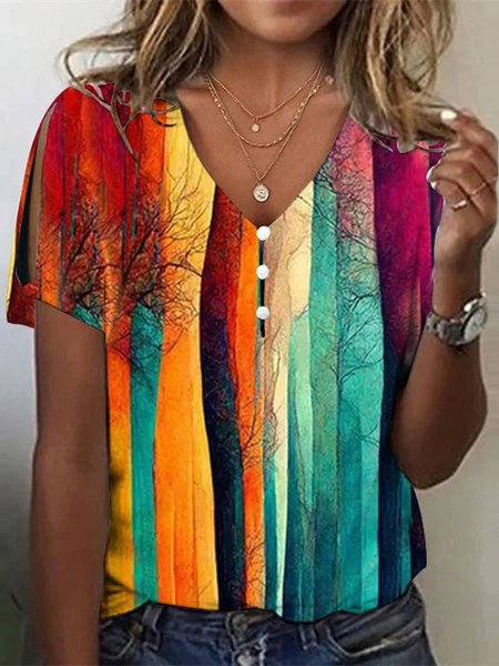 

Colorful Striped Floral Design V-Neck Loose Fit T-Shirt, Green, T-Shirts