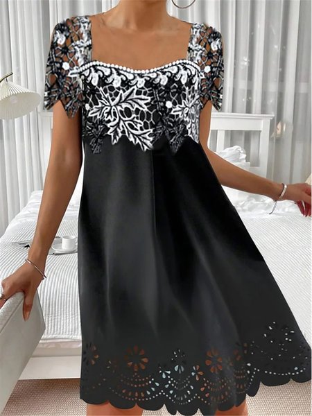 

Lace Panel Square Neck Slim Dress, Black, Dresses