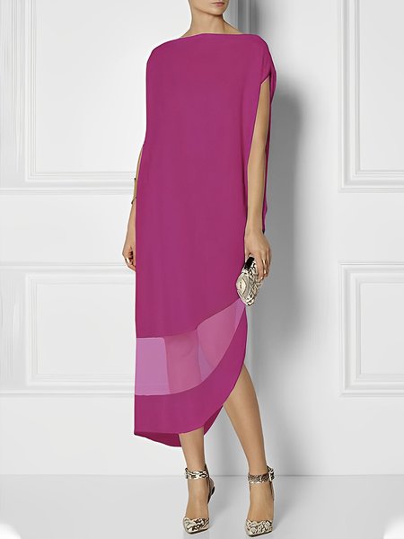 

Short sleeve Regular Fit Elegant Plain Dress, Rose red, Midi Dresses