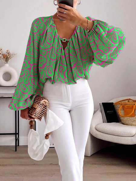 

Elegant Abstract Graphic Lantern Sleeve Shirt, Green, Blouses and Shirts