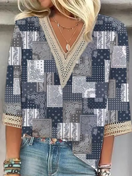 

Ethnic Geometry Casual V Neck Lace Shirt, Blue, Shirts & Blouses