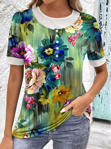 

Floral Casual Loose Crew Neck Tank Top, Green, T-Shirts
