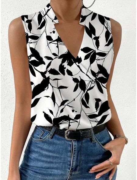 

V Neck Floral Regular Fit Casual Tank Top, Black, Tanks & Camis
