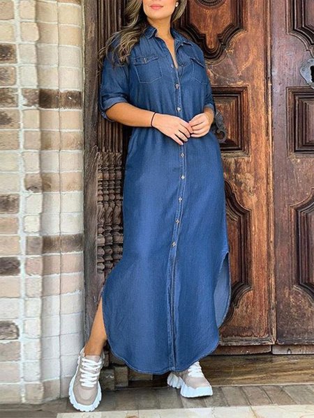 

Loose Casual Plain Shirt Collar Denim Dress, Blue, Maxi Dresses