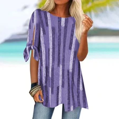 Geometric Crew Neck Loose Casual Blouse, Purple, Blouses