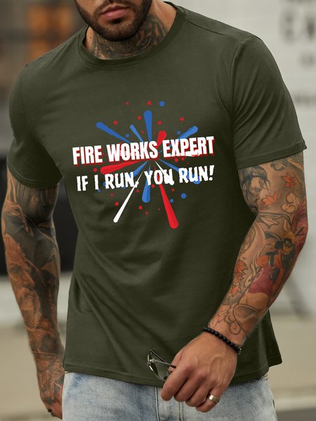 

Lilicloth X Kat8lyst Fire Works Expert If I Run You Run Men's Crew Neck Cotton T-Shirt, Army green, T-shirts