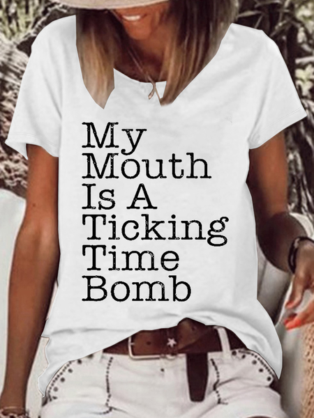 Women's Funny Word My Mouth Is A Ticking Time Bomb Cotton-Blend Casual T-Shirt, White, T-shirts
