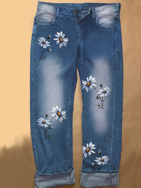 

Floral Denim Printed Jeans, Blue, Jeans