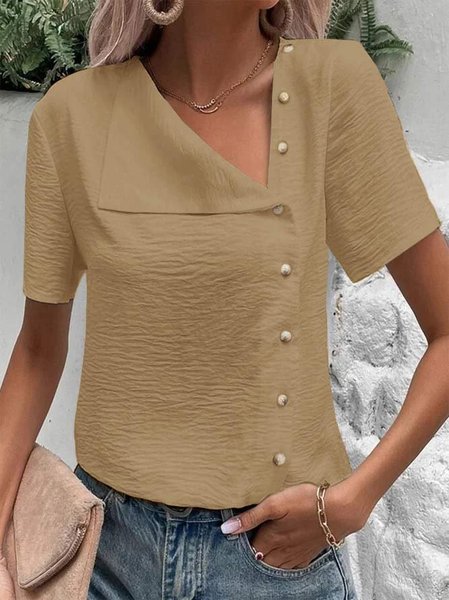 

Plain Short Sleeve Buckle Casual Blouse, Khaki, Blouses & Shirts