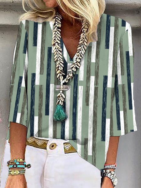 

Casual V Neck Striped Printing Shirt, Green, Shirts & Blouses