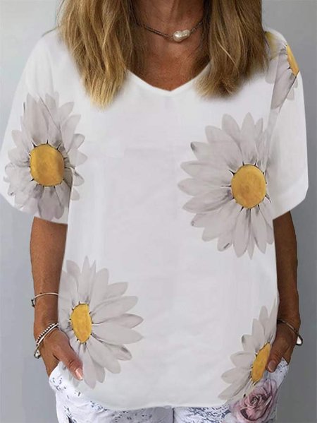 

woman casual Printing Sunflower V Neck T-Shirt, White, T-Shirts