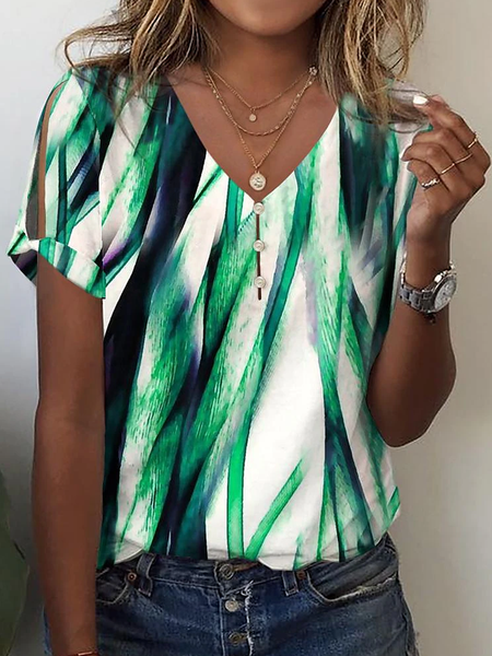 

Loose Buttoned Casual V Neck T-Shirt, Green, T-Shirts