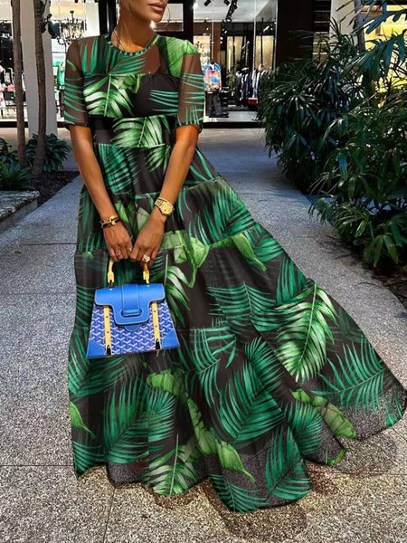 

Loose Vacation Leaf Print Short Sleeve Crew Neck Dress, Green, Maxi Dresses