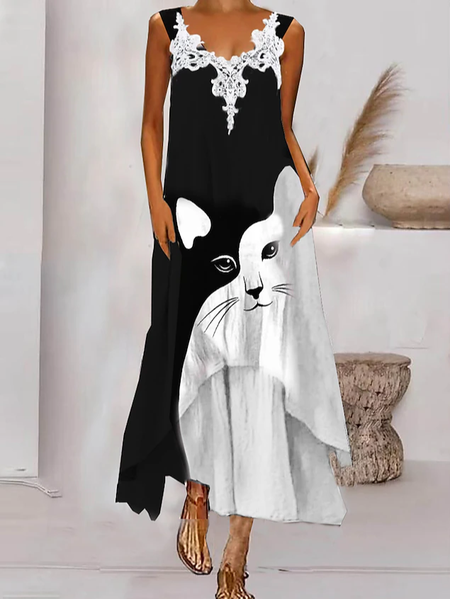 

Casual Loose Color Block Cat Lace Dress, Black, Dresses