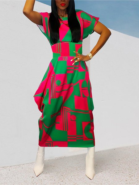 

Color Block Crew Neck Casual Regular Fit Dress, As picture, Midi Dresses