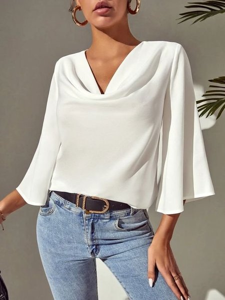 

V Neck Regular Fit Elegant Shirt, White, Blouses and Shirts