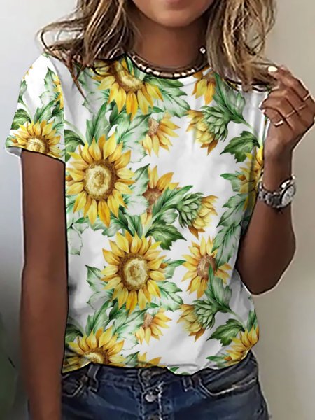 

Women's Sunflower Print Crew Neck Casual T-Shirt, Yellow, T-shirts