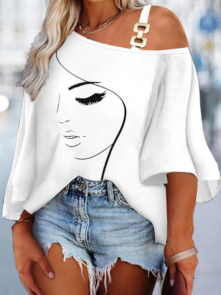 

Face Simple Loose One Shoulder Metal Shirt, White, Shirts & Blouses