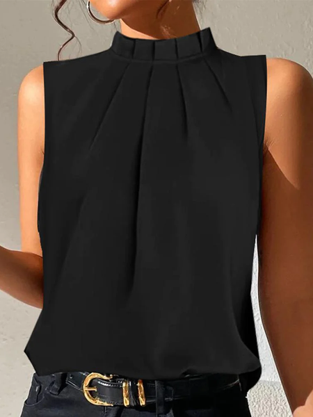 

Casual Stand Collar Plain Tank Top, Black, Tanks & Camis