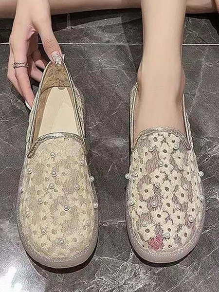 

White Lace Pearl Rhinestone Mules, Apricot, Flats