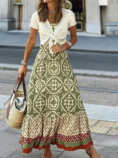 

Loose Ethnic V Neck Casual Dress With No Belt, Green, Dresses