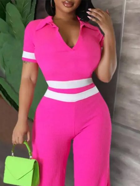 

Polo Collar Casual Tight Color Block T-Shirt, Rose red, Tees