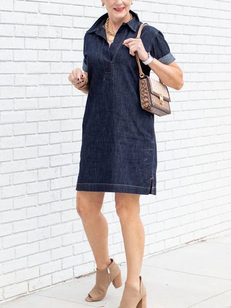 

Regular Fit Denim Casual Shirt Collar Denim Dress, Blue, Midi Dresses