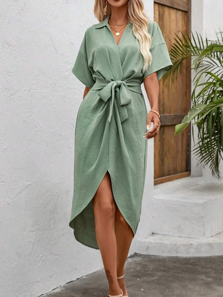 

Solid Drop Shoulder Wrap Hem Belted Dress, Green, Dresses