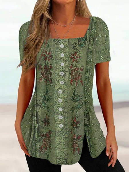 

Floral Square Neck Vintage Regular Fit T-Shirt, Green, Shirts & Blouses