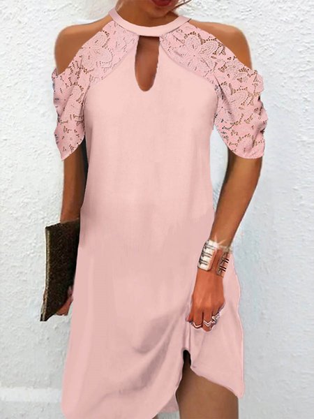 

Plain Lace Halter Elegant Dress, Pink, Dresses