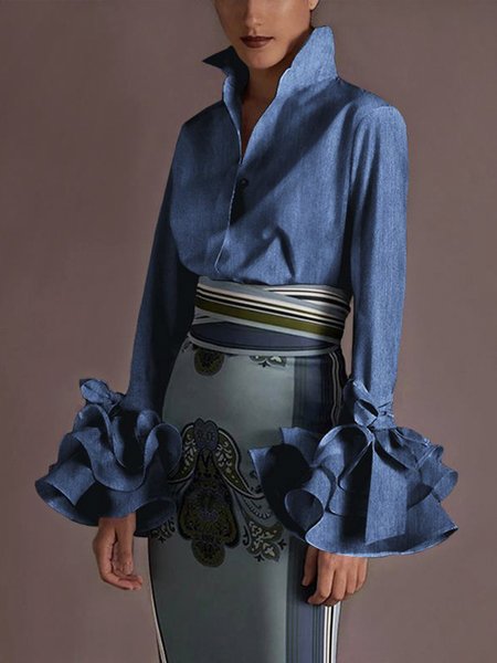 

Plain Elegant Regular Fit Shirt Collar Blouse, Blue, Blouses and Shirts