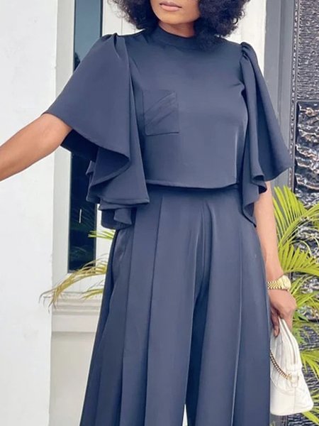 

Regular Fit Ruffled Sleeves Plain Crew Neck Urban Shirt, Deep blue, Blouses and Shirts