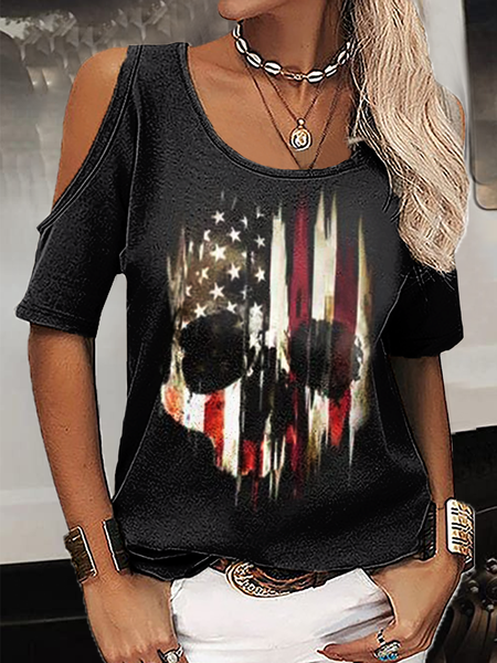 

Women's America Flag Solid Drop Shoulder Crew Neck Casual T-Shirt, Black, T-shirts