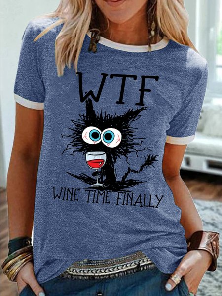 

Women's Funny WTF Alcohol Letters Crew Neck Casual T-Shirt, Blue, T-shirts